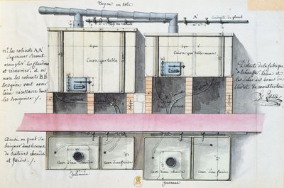 Tegning af et system til opvarmning af vand på Hotel de Montholon i Paris, ca.1787 (wc på papir) af Jean Jacques Lequeu