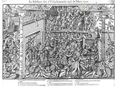 Massakren af den protestantiske befolkning udført af tropperne fra Duc de Guise i Wassy-sur-Blaise, 1. marts 1562, indgraveret af Jacques Tortorel (1568-92) af Jean Jacques Perrissin
