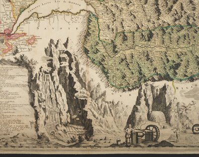 Et nyt geografisk kort over Schweiz med de mest berømte og magtfulde kantoner og offentlige anliggender i den reformerede religion Tigurina, Bern, Glarus, Basel, Scafusiana, Abbed Cellana, detalje, ca. 1712 (håndfarvet tryk) af Jean Jacques Scheuchzer