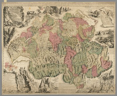 Et nyt kort over Schweiz med de mest berømte og magtfulde kantoner og offentlige anliggender i den reformerede religion Tigurina, Bern, Glarus, Basel, Scafusiana, Abbed Cellana, ca. 1712 (håndfarvet tryk) af Jean Jacques Scheuchzer