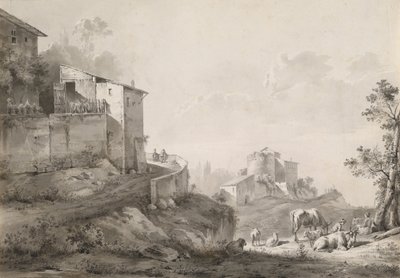 Et solbelyst landskab med bakketophuse af Jean Jacques de Boissieu