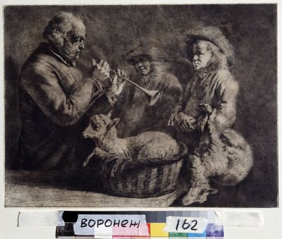 ""Oboisten"" (oboist) En musiker, der spiller obo foran to hyrder. Træsnit af Jean Jacques de Boissieu (1736-1810) 1772 Ivan Kramskoy (eller Kramskoi) kunstmuseum i Voronezh (Voronezh), Rusland. af Jean Jacques de Boissieu