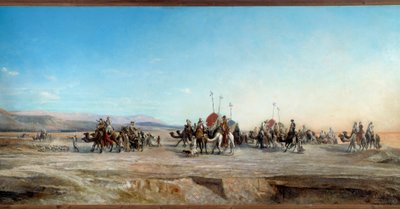 Leder efter en campingvogn af nomader og kameler i ørkenen. Maleri af Jean Joseph Bellel (1816-1898) Montpellier fra det 19. århundrede, Musee Fabre - På udkig efter en lejr. Nomadekaravaner og kameler i ørkenen. Maleri af Jean Joseph Bellel (1816-1898) af Jean Joseph Bellel