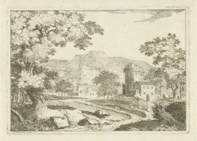 Flodlandskab med huse og tårne af Jean Joseph Hanson
