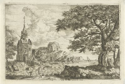 Fiskere ved en kirke ved en kyst af Jean Joseph Hanson