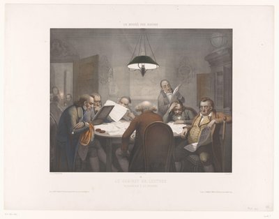Læseskab med læsemænd ved et rundt bord Le cabinet de lecture / Læseklubben / Das Lesecabinet (titel på objekt) Museum of the Laughers (serietitel) Le musée des rieurs (serietitel på objekt) af Jean Julien Jacott