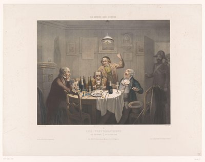 Politiet afbryder en gruppe drikkende mænd Les perturbateurs / The Disturbers / Die Polizeistunde (titel på objekt) Museum of the Laughers (serietitel) Le musée des rieurs (serietitel på objekt) af Jean Julien Jacott