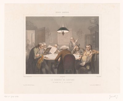 Syv mænd læser ved et bord Le cabinet de lecture / Læseklubben / Das lesecabinet (titel på objekt) Afbildninger af særlige aktiviteter (serietitel) Musée omnibus (serietitel på objekt) af Jean Julien Jacott