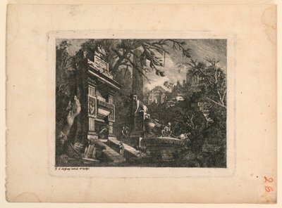 Arkitektonisk fantasi med grav og ruiner, plade fra "Giovan Inventione Ruins. Loren, Legeay Architet. Udskåret af ham selv i Luce 1768" af Jean Laurent Legeay