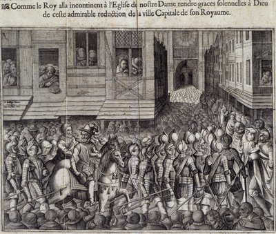 Entré af Henrik IV (1553 - 1610) i Paris den 22. marts 1594 og går til Cathedrale de Notre Dame for at deltage i messe - Indgravering af Jean Lecler, efter Bollery, Musee de Notre Dame de Paris af Jean Leclerc