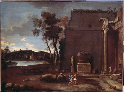 Landskab med en sarkofag. Maleri af Jean Le Maire (1597-1659). Fransk kunst, olie på lærred. Eremitagemuseet, Sankt Petersborg af Jean Lemaire