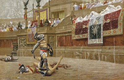 Gladiatorer i den romerske arena: Tilskuerne vender tommelfingeren nedad for at signalere til sejrherren, at han ikke skal skåne sin modstander. Kromolitografi efter maleri af JL Gerome. af Jean Leon Gerome