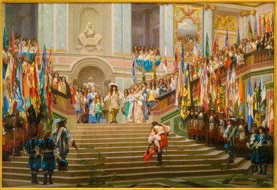 Modtagelse af Louis 2 de Bourbon Conde sagde Grand Conde af kong Louis 14 a Versailles i 1674 af Jean Leon Gerome