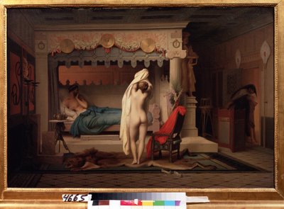 ""Repræsentation af kongen af ​​Lydie Candaules (eller Caudale)"" Kongen viser sin nøgne kone til sin fortrolige Gyges, gemt i skyggerne, mens hun klæder sig af i soveværelset. Maleri af Jean Leon Gerome (1824-1904) Efter 1859 Pushkin Museum, Mo af Jean Leon Gerome