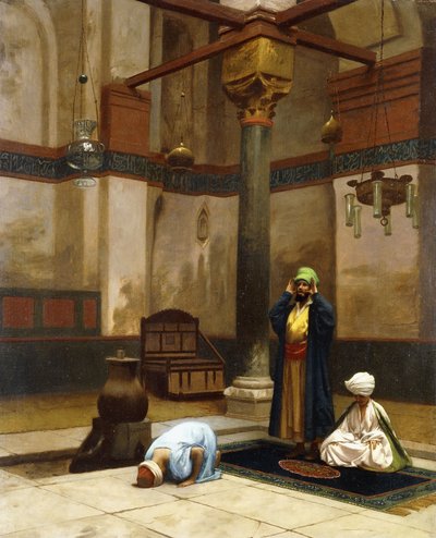 Tre mennesker beder i hjørnemoskeen; Tre figurer, der beder i et hjørne af en moske, af Jean Leon Gerome