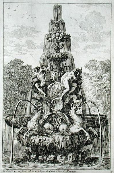 Et springvand fra "Fountains and Waterjets in the Italian Style", udgivet i 1661 (stik) af Jean Lepautre