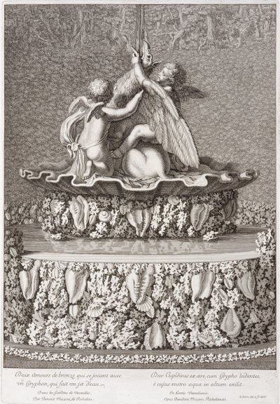 Springvand med to amoriner, der leger med en gryphon, af Benoit Massou, i Versailles, 1676 af Jean Lepautre