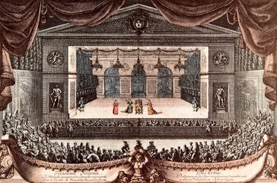 "Le malade imaginaire" (Den imaginære invalid) af Jean Baptiste Poquelin dit Moliere i Versailles (farvet gravering) af Jean Lepautre