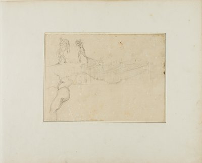 Tværsnit af en søjlehal og tre figurskitser af Jean Louis André Théodore Géricault