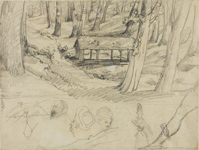 Skovinteriør med stråtækt hytte og andre skitser af Jean Louis André Théodore Géricault