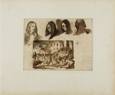Fire visninger af et kvindehoved; en parade foran Louis XVIII af Jean Louis André Théodore Géricault