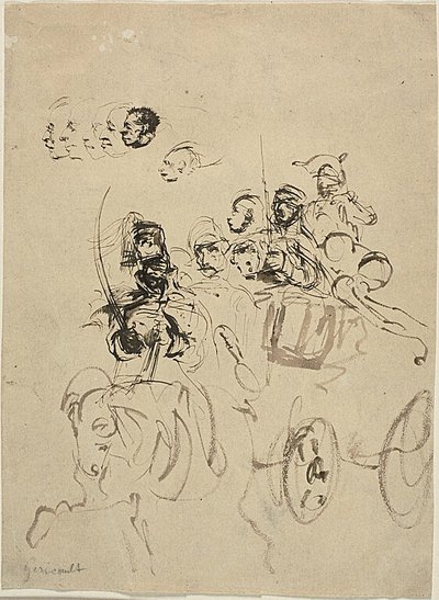 Napoleons hærvogn med skitser af hoveder af Jean Louis André Théodore Géricault