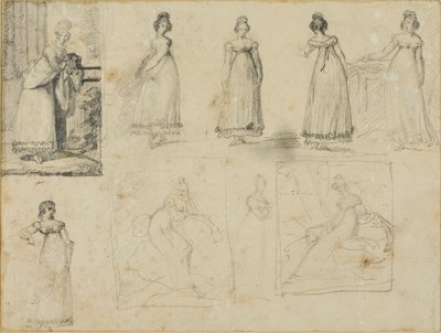 Ni skitser af en ung kvinde i moderigtig påklædning af Jean Louis André Théodore Géricault