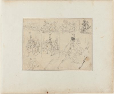Ark med skitser: Kavalerislag og soldater til hest af Jean Louis André Théodore Géricault