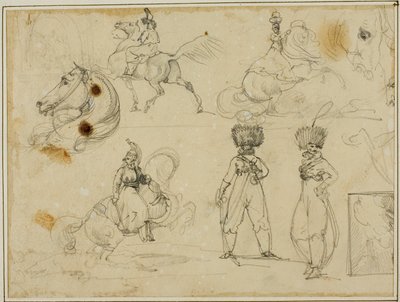 Ark med skitser: Soldater, heste og et landskab af Jean Louis André Théodore Géricault