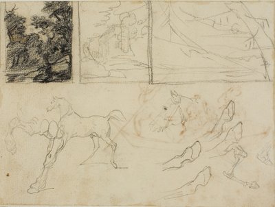 Ark med skitser: tre landskaber, heste og hove af Jean Louis André Théodore Géricault