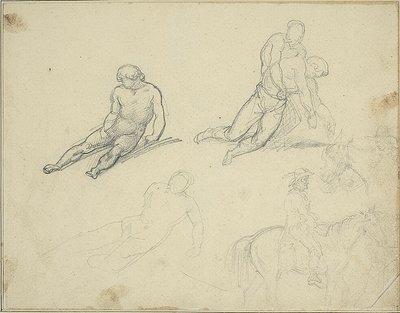 Skitser: Liggende nøgen, mand, der støtter kroppen af af Jean Louis André Théodore Géricault