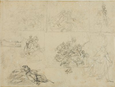 Skitser af et kavalerislag, soldater og et landskab af Jean Louis André Théodore Géricault