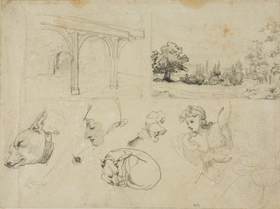 Skitser af et skur, et landskab, hunde og forskellige figurer af Jean Louis André Théodore Géricault