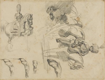 Skitser af heste, soldater og hove af Jean Louis André Théodore Géricault