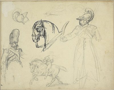 Skitser af heste og soldater af Jean Louis André Théodore Géricault
