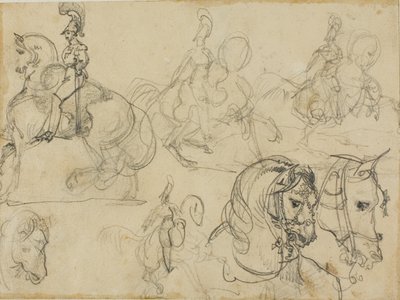Skitser af ridende karabinere og hestehoveder af Jean Louis André Théodore Géricault