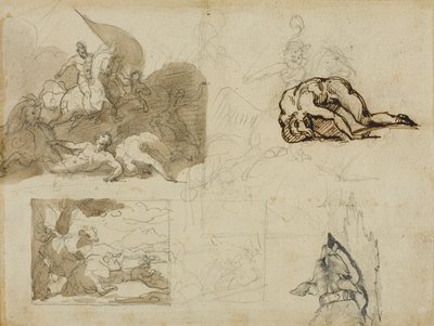 Skitser af et kavalerislag, et landskab med køer og andre kompositioner af Jean Louis André Théodore Géricault