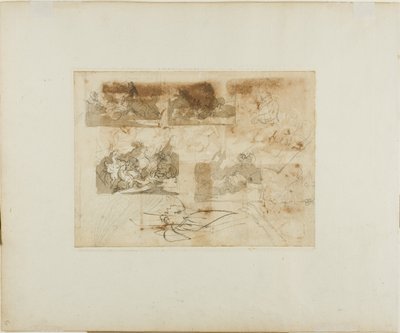 Skitser af et kavalerislag, hovedet og poterne på en greyhound af Jean Louis André Théodore Géricault