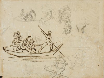 Skitser af en musikalsk bådfest og af en kvinde med høj hat af Jean Louis André Théodore Géricault