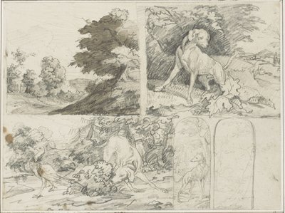 Skitser af et skovområde, hunde og fasaner i landskabet af Jean Louis André Théodore Géricault
