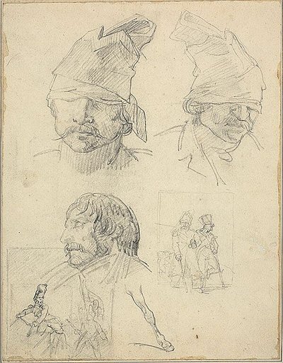 Studier af hoveder og to kompositoriske studier af Jean Louis André Théodore Géricault