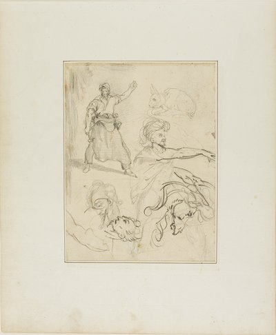 Studier af en smed og et hestehoved med skitser af andre figurer og en kanin af Jean Louis André Théodore Géricault