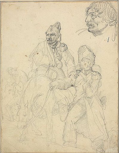 Studie af figurgruppe med detalje af grenaderens hoved af Jean Louis André Théodore Géricault