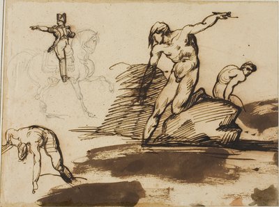 Studie af Napoleon til hest med skitser af nøgenbilleder blandt klipper af Jean Louis André Théodore Géricault