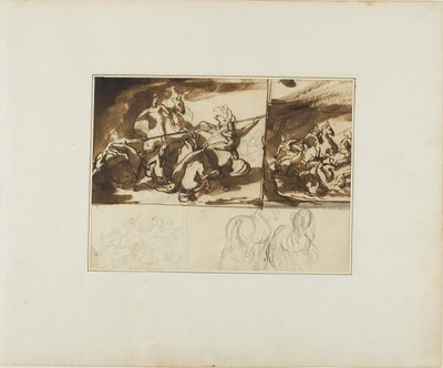 Tre skitser af en rytterkamp og en skitse af to af Jean Louis André Théodore Géricault