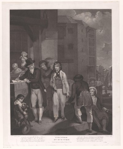 Gruppe af figurer foran et pakhus i en havn Industri og økonomi (titel på objekt) af Jean Louis Darcis
