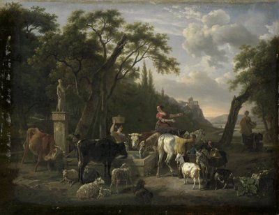 Italiensk landskab med hyrder og dyr ved et springvand af Jean Louis Demarne
