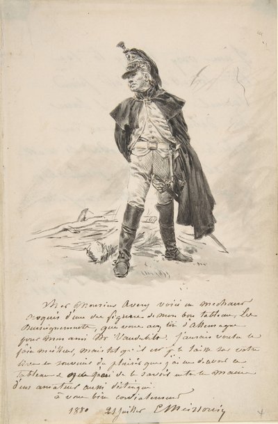 Brev til Samuel P. Avery med en tegning af en militærfigur, 1880. af Jean Louis Ernest Meissonier