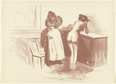 Nøgen kvinde vasker sig og tjener står ved siden af ​​hende Croquis La Friction au gant de crin L