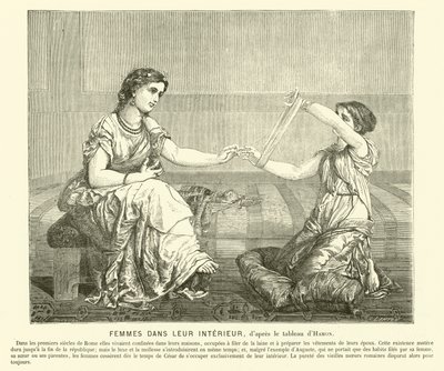 Kvinder spinder uld i et hus, det gamle Rom (gravering) af Jean Louis Hamon